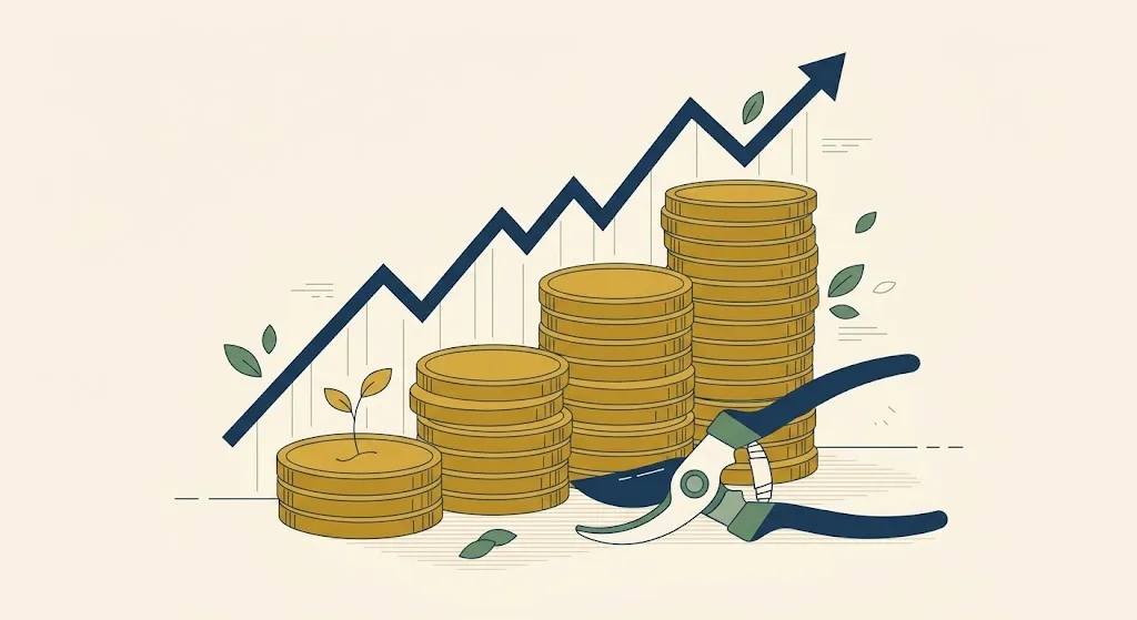 Three rising stacks of gold coins with a sprout on the lowest one, a navy chart line climbing behind them and pruning shears in front — the 2027 long-term capital gains brackets and the wider 0% band.