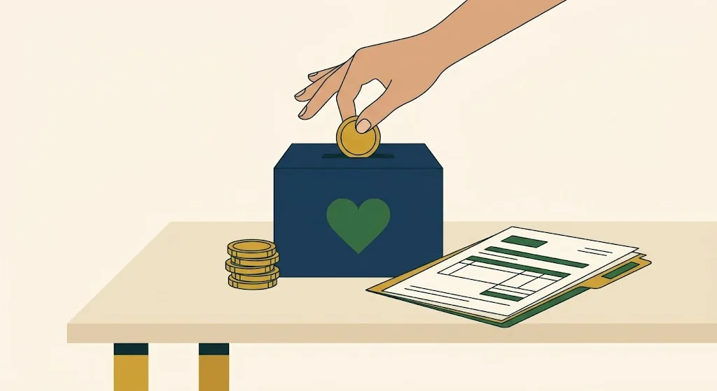 A hand dropping a gold coin into a navy donation box with a green heart, a small stack of coins and a tax folder beside it — the 2026 charitable deduction for non-itemizers and the new floor for itemizers.