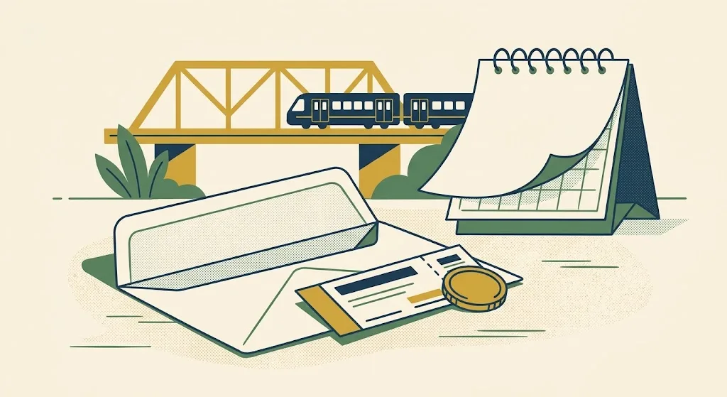 A transit ticket and a gold parking token on an open paycheck envelope, a navy commuter train crossing a gold bridge and a desk calendar turning to a new year — the 2027 transit and parking benefit limit.