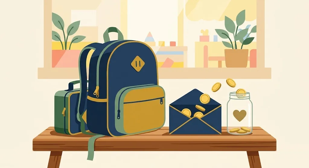 A child backpack and lunchbox on a bench beside a navy paycheck envelope with gold coins sliding into a jar, a daycare window behind — the dependent care FSA limit staying at $7,500 in 2027.