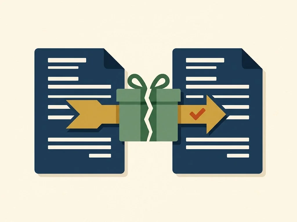 Editorial illustration of two wedding rings beside a single IRS Form 709 and a consent signature, representing whether both spouses file when splitting a gift