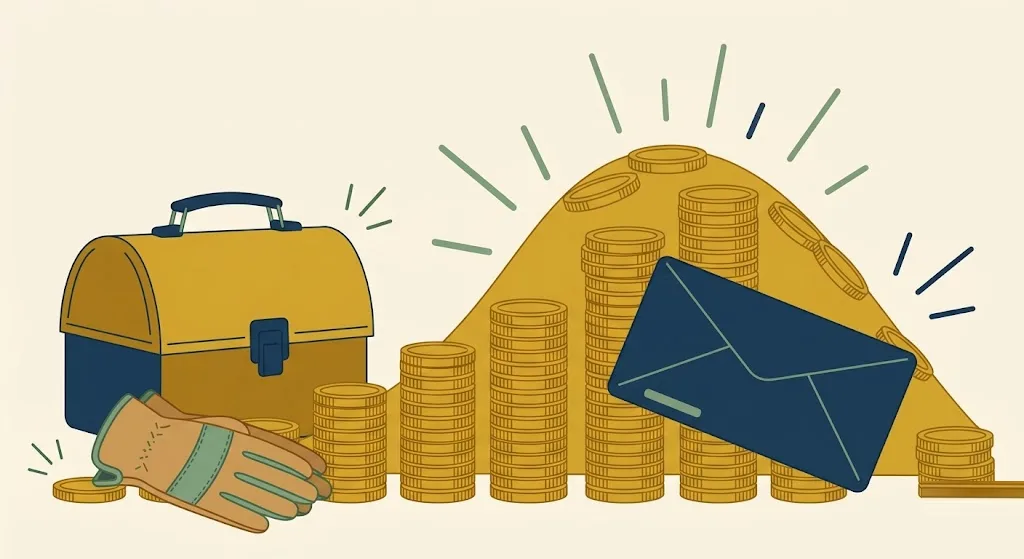 A worker lunch pail and work gloves beside a hill of gold coins that rises, levels off and slopes down, with a navy tax envelope leaning on it — the shape of the earned income credit table projected for 2027.