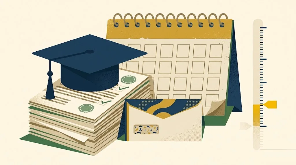 A graduation cap on paid student loan statements beside an employer pay envelope and a desk calendar, a gold marker raised one notch on a gauge — the first inflation increase to the Section 127 educational assistance limit.