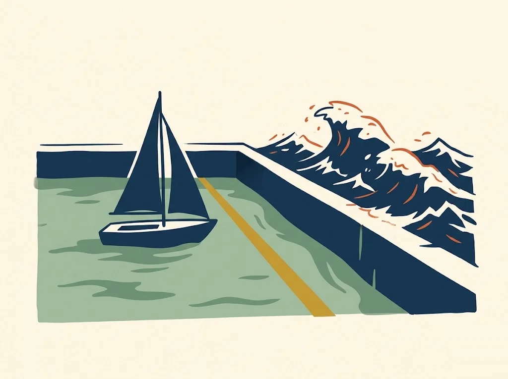 A small navy sailboat sheltered behind a harbor wall on cream paper, a mustard threshold line marking the estimated tax safe harbor as a storm of penalty waves breaks harmlessly beyond.
