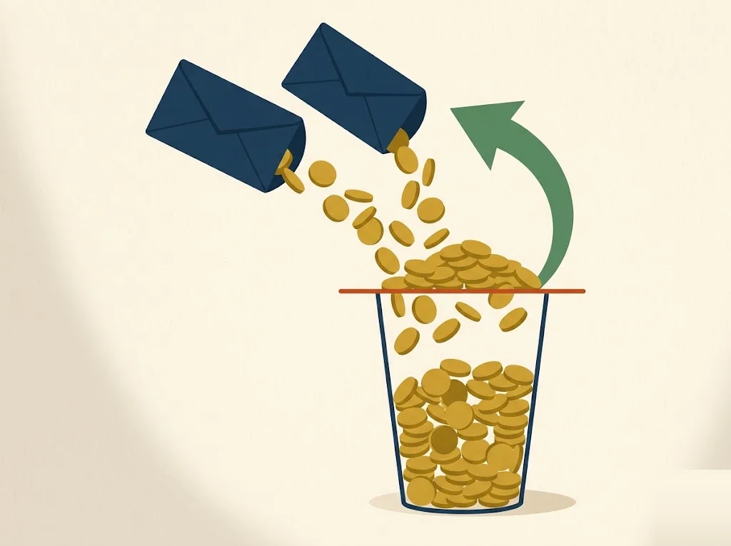 Two pay envelopes pouring coins into a vessel that overflows above a ceiling line, with an arrow lifting the excess back out — reclaiming excess Social Security tax from two employers on Schedule 3.