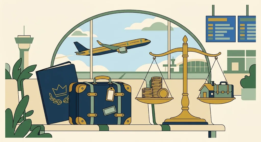 A navy passport and suitcase on an airport bench beside gold scales weighing coins against a small house and a briefcase, with a departing airplane outside — the 2027 exit tax thresholds for covered expatriates.