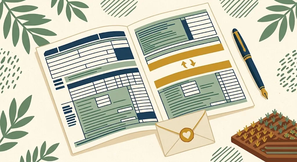 Two-page income tax return with two gold-highlighted rows swapping places, a fountain pen, a charity envelope with a heart seal and a small farm plot — the lines that changed on the 2026 draft Form 1040.