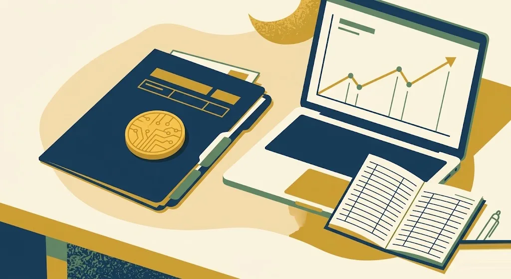 A gold coin with a circuit pattern resting on a navy tax folder beside a laptop with a rising line chart and an open ledger — Form 1099-DA for digital asset sales and the first year of cost basis reporting.