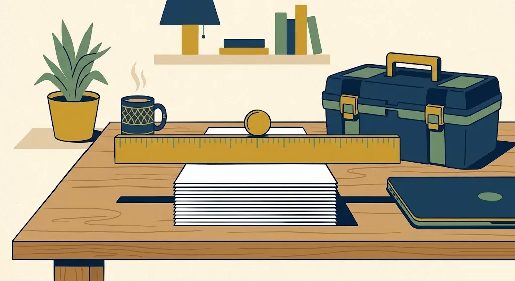 A stack of blank information-return forms with a gold ruler laid across them like a raised bar, a contractor toolbox and a laptop alongside — the higher Form 1099-NEC reporting threshold for 2026 and 2027.