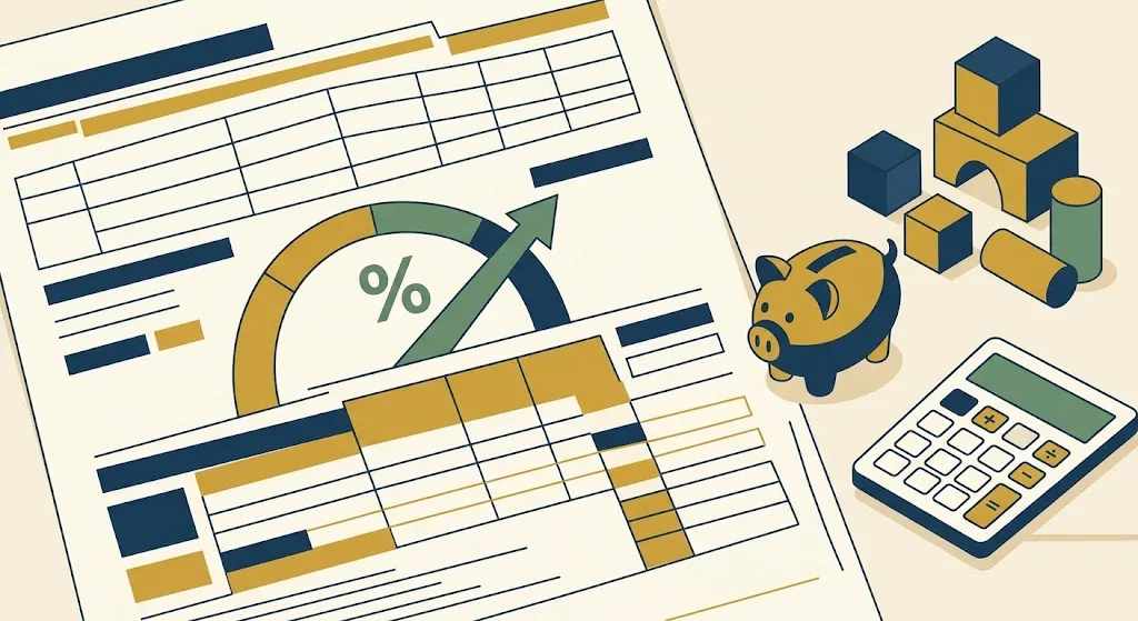 Tax form with a rising percentage gauge beside a piggy bank, building blocks and a calculator — the 50 percent child and dependent care credit on Form 2441 for 2026.