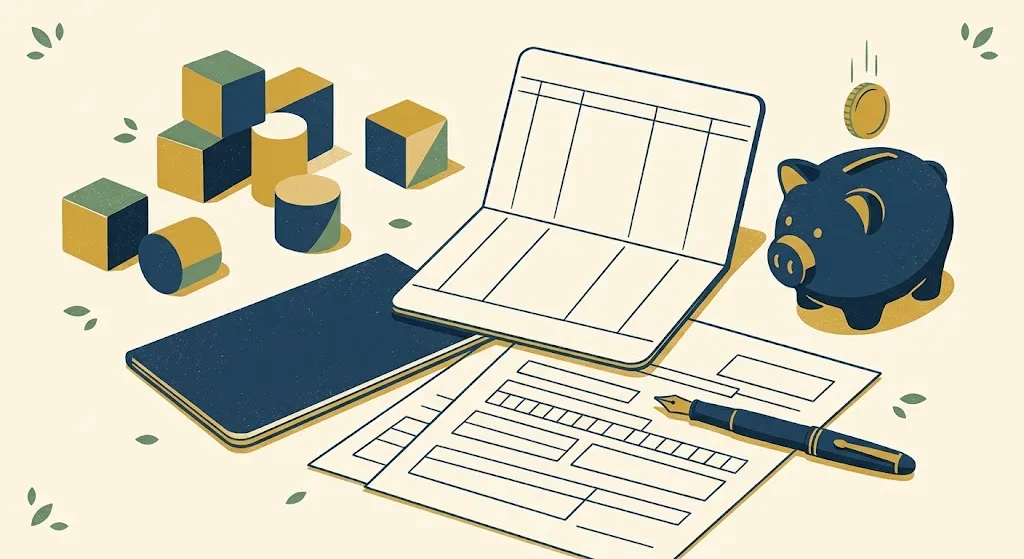 Wooden baby blocks beside an open savings passbook and a navy piggy bank with a gold coin dropping in, a fountain pen on a one-page form — electing a Trump account for a child on Form 4547.