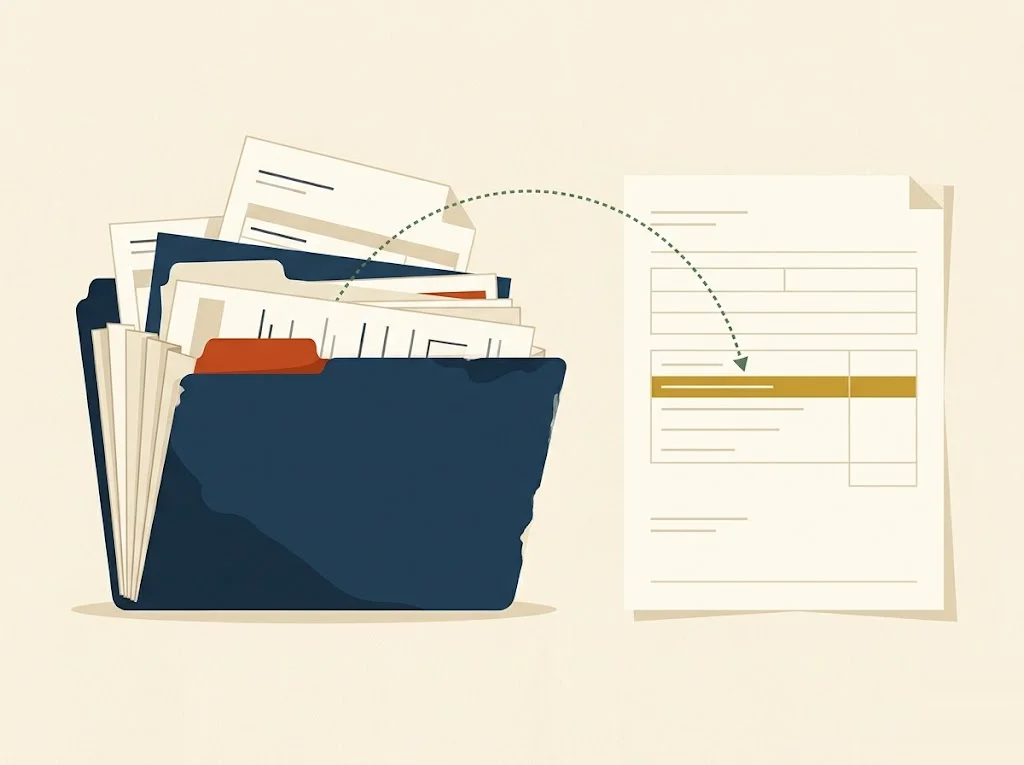 A worn folder of IRA contribution statements beside a Form 8606 worksheet showing a basis carryforward figure