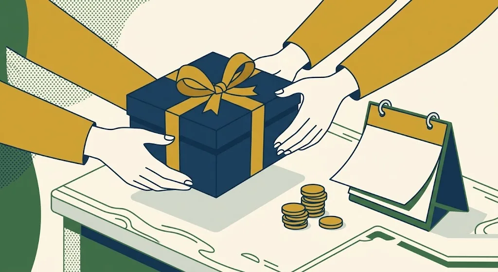 A navy gift box tied with a gold ribbon passing between two pairs of hands beside small stacks of gold coins and a calendar turning to a new year — the gift tax annual exclusion rising to $20,000 in 2027.