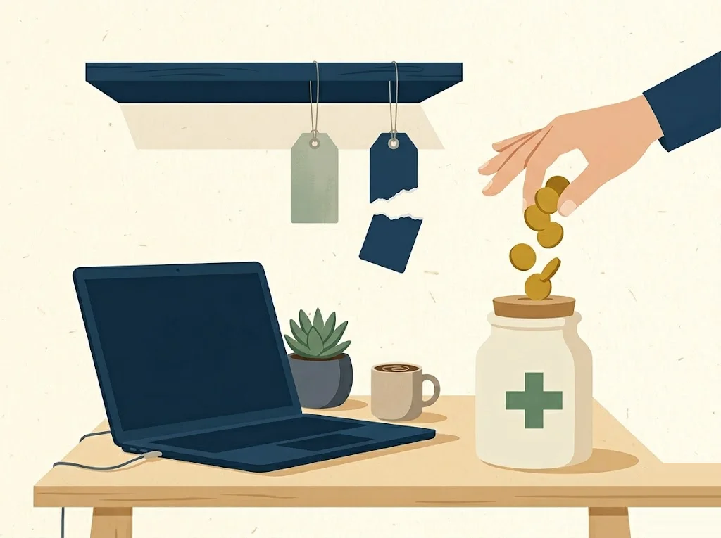 A freelancer drops coins straight into a health savings jar with a sage medical cross while one of two tax-break tags hangs torn — the HSA deduction without the payroll FICA break.