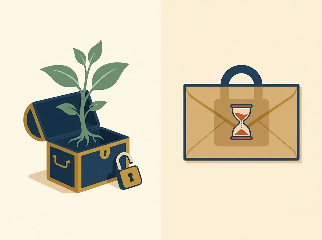 Two pre-tax health accounts on cream paper — an open navy HSA jar with a sprouting seed that stays and grows, beside a sealed FSA envelope with an expiry hourglass that belongs to the employer.
