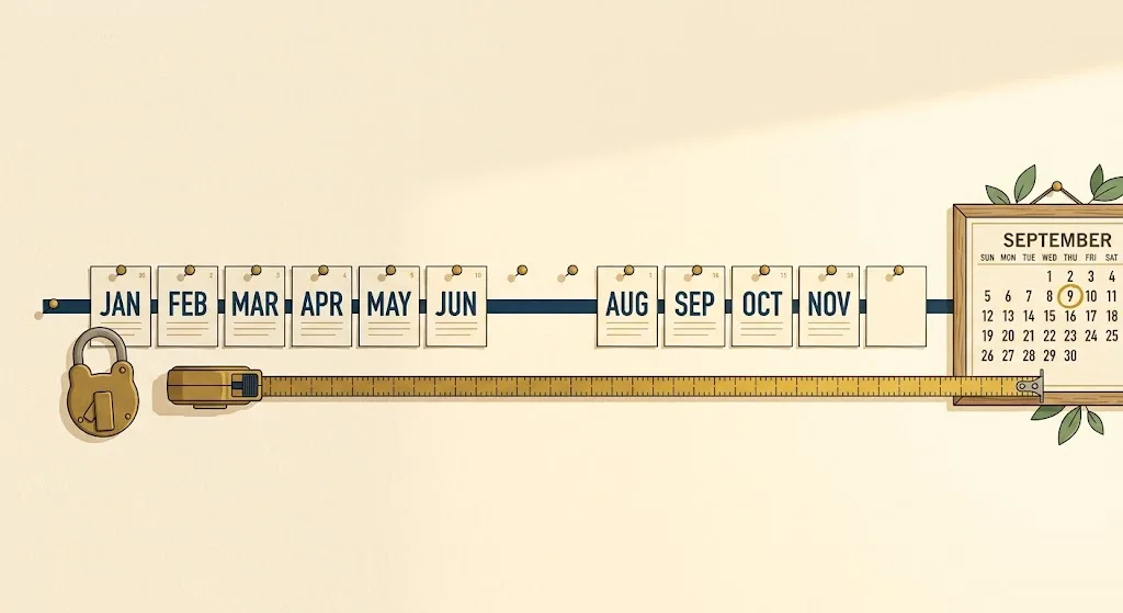 Twelve index cards pinned along a navy timeline, one missing and the last one blank, a brass tape measure reaching a September calendar with one day circled, and a closed padlock — the CPI months that set the 2027 IRS inflation adjustments.