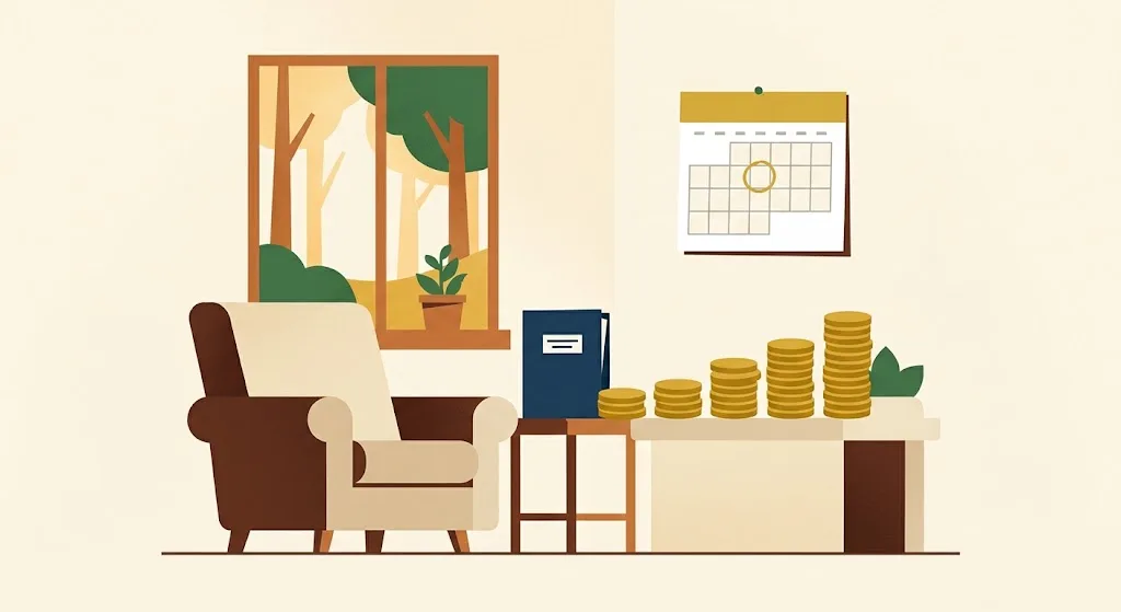 An armchair by a warm window beside a navy insurance folder and a row of gold coin stacks rising from short to tall on a side table — the 2027 long-term care premium deduction limits by age.
