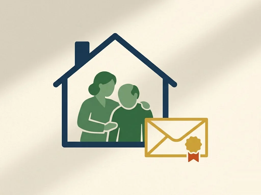 A house holding two figures caring for one another beside a pay envelope sealed with a gold tax-free ribbon — reporting tax-exempt Medicaid waiver payments under IRS Notice 2014-7.