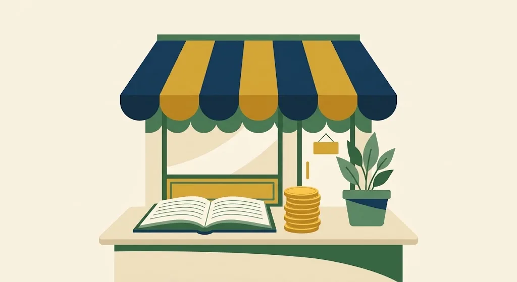 A small storefront with an awning next to a laptop and a stack of gold coins crossed by a gold threshold line — the 2027 income thresholds for the qualified business income deduction.