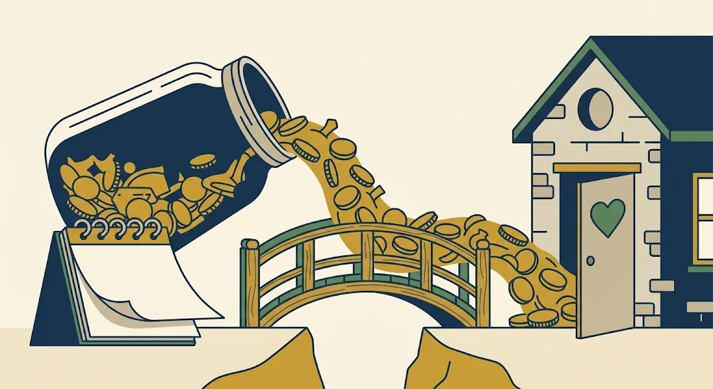 Gold coins flowing from a navy retirement jar across a small bridge into a charity building with a green heart on its door, beside a calendar turning to a new year — the 2027 qualified charitable distribution limit.