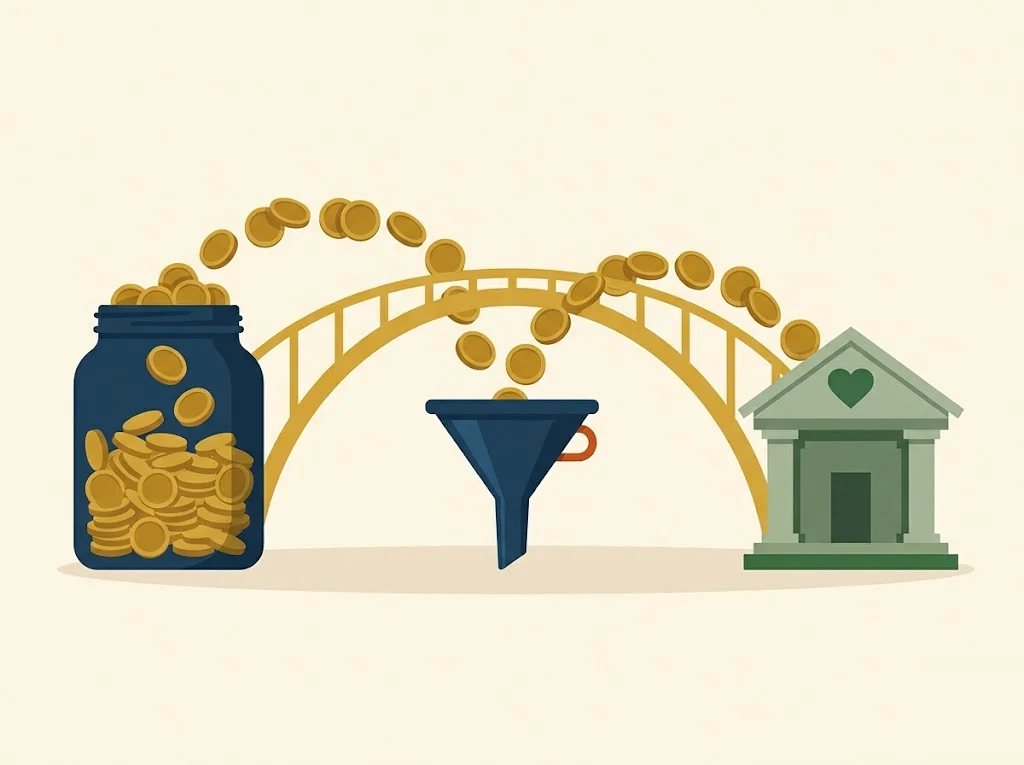 Gold coins cross a mustard bridge from a navy IRA jar straight to a charity building with a sage-green heart, clearing the tax funnel below — a qualified charitable distribution never touches the return.
