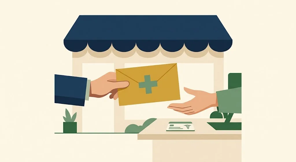 A small shop with a navy awning where an employer hands an employee a gold envelope marked with a green medical cross — the 2027 QSEHRA reimbursement limits for small employers.