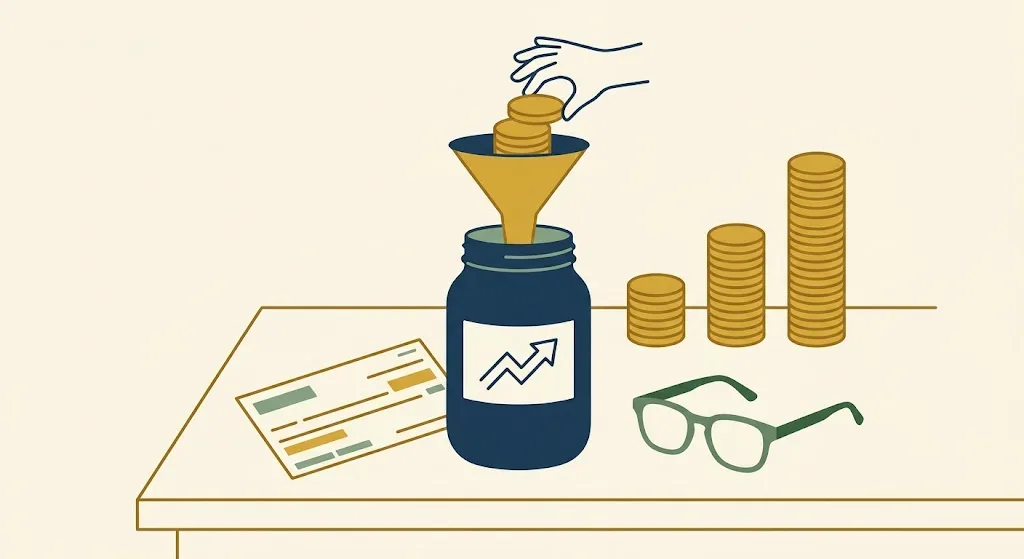 A hand dropping gold coins through a gold funnel into a navy retirement savings jar beside a paycheck stub, reading glasses and rising coin stacks — the 2027 Roth catch-up wage threshold of $155,000.