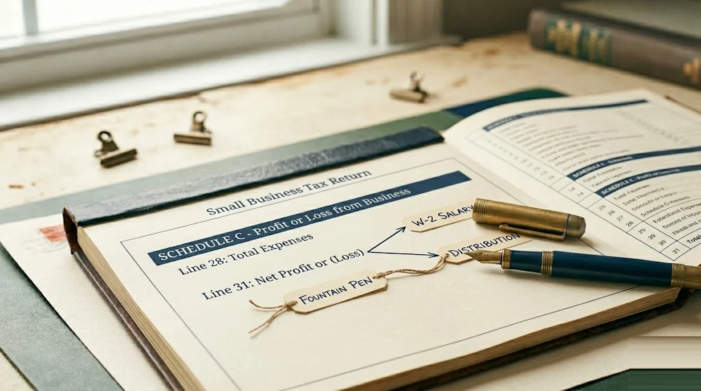 Small-business tax return on a leather desk pad with the Schedule C line splitting into two fountain-pen branches labeled "W-2 salary" and "Distribution" — S-corp election self-employment tax math.