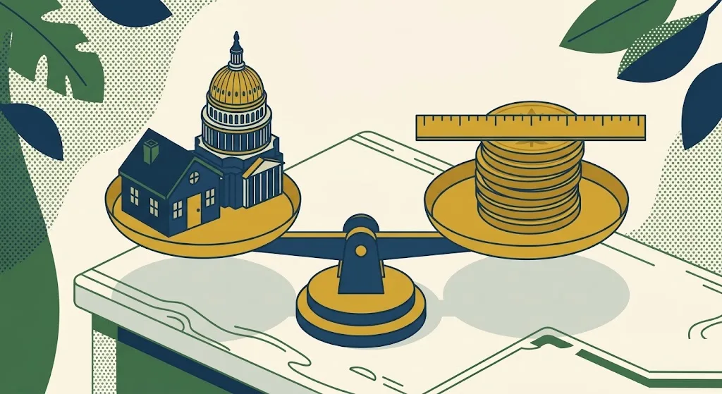 A small navy house and a state capitol dome on a balance scale opposite a stack of gold coins capped by a gold ruler — the 2027 cap on the state and local tax deduction and its income phase-down.