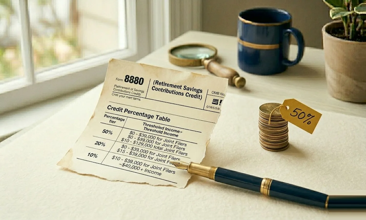 IRS Form 8880 fragment on cream paper with credit percentage tiers visible and a stack of coins with a 50 percent tag in mustard — Saver's Credit retirement tax break.