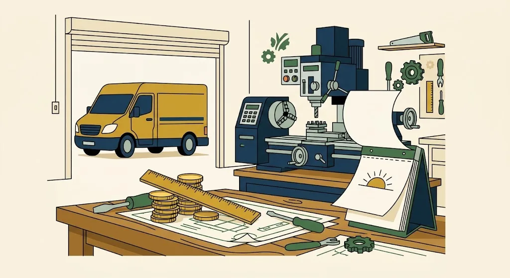 A small workshop with a new navy machine tool and a delivery van, a stack of gold coins on the workbench under a gold ruler and a calendar turning to a new year — the 2027 section 179 expensing limit.