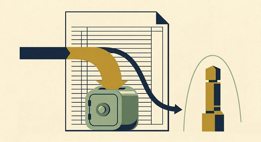 A navy ledger page where a business-income line splits into a mustard-gold stream flowing into a sage-green safe and a smaller navy stream, with a sage arc over a mustard threshold post — the Section 199A QBI pass-through deduction.