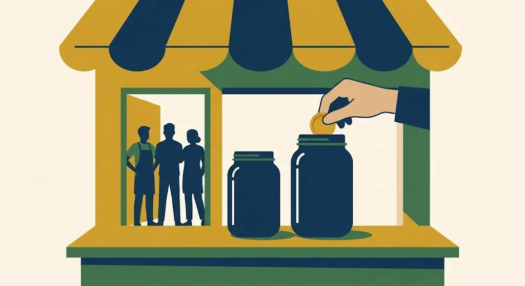 A small shop owner adding a gold coin to the taller of two navy retirement savings jars on the counter while three employees stand in the doorway — the 2027 SIMPLE IRA limits of $17,500 and $19,100.