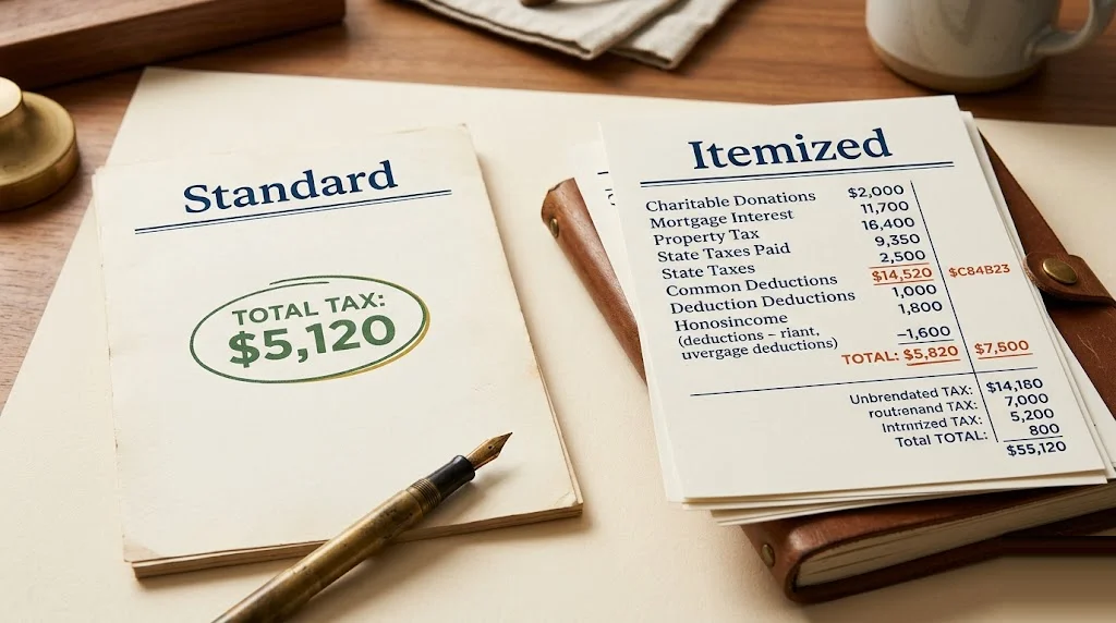Two tax schedules side by side: the left labeled "Standard" with a single total and the right labeled "Itemized" with multiple line items — standard versus itemized deduction comparison.