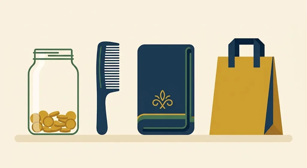 A tip jar with gold coins next to a barber comb, a folded hotel towel and a delivery bag lined up on a counter — the Treasury list of tipped occupations for the no tax on tips deduction.