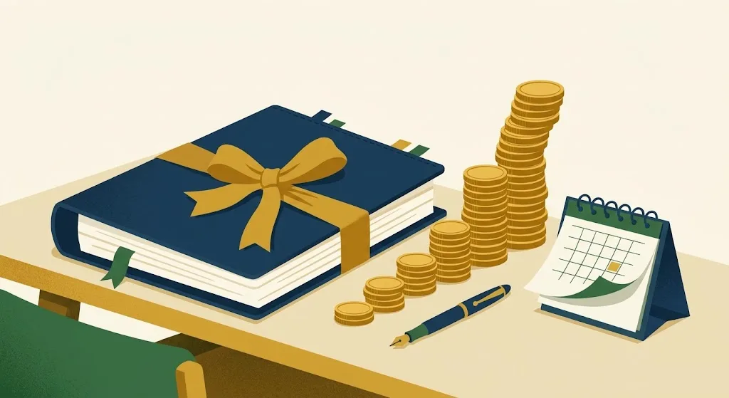 A navy trust binder tied with a gold ribbon beside a staircase of gold coin stacks that climbs steeply after a few steps — the compressed 2027 trust and estate tax brackets on Form 1041.